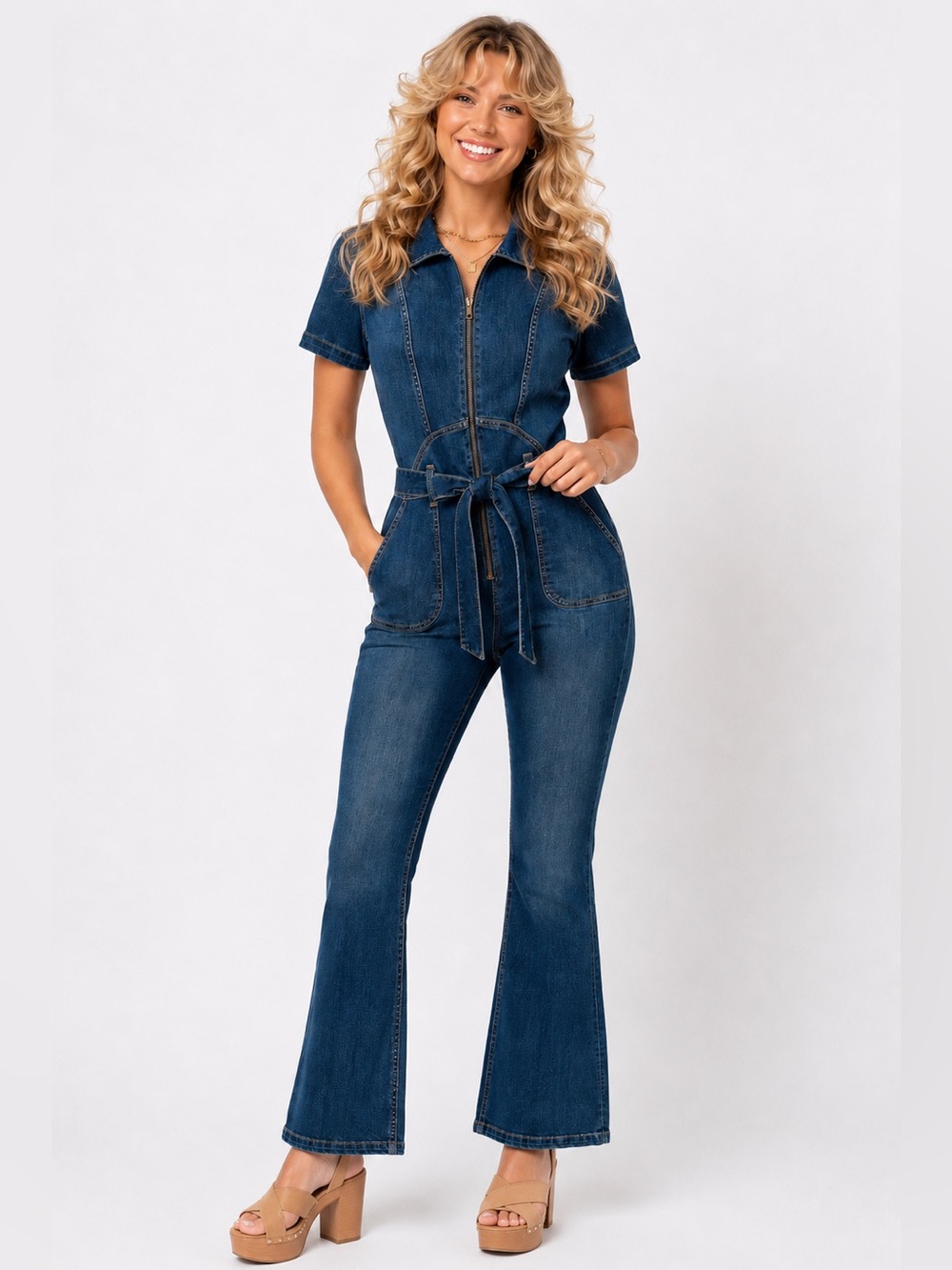 SUKI SO Denim Short Sleeve Belted Wide Leg Jumpsuit Small NWT